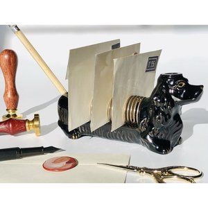 Kitschy 1950’s Vtg Mad Men Letter Hound Pen Card Holder Dachshund Dog Desk Decor